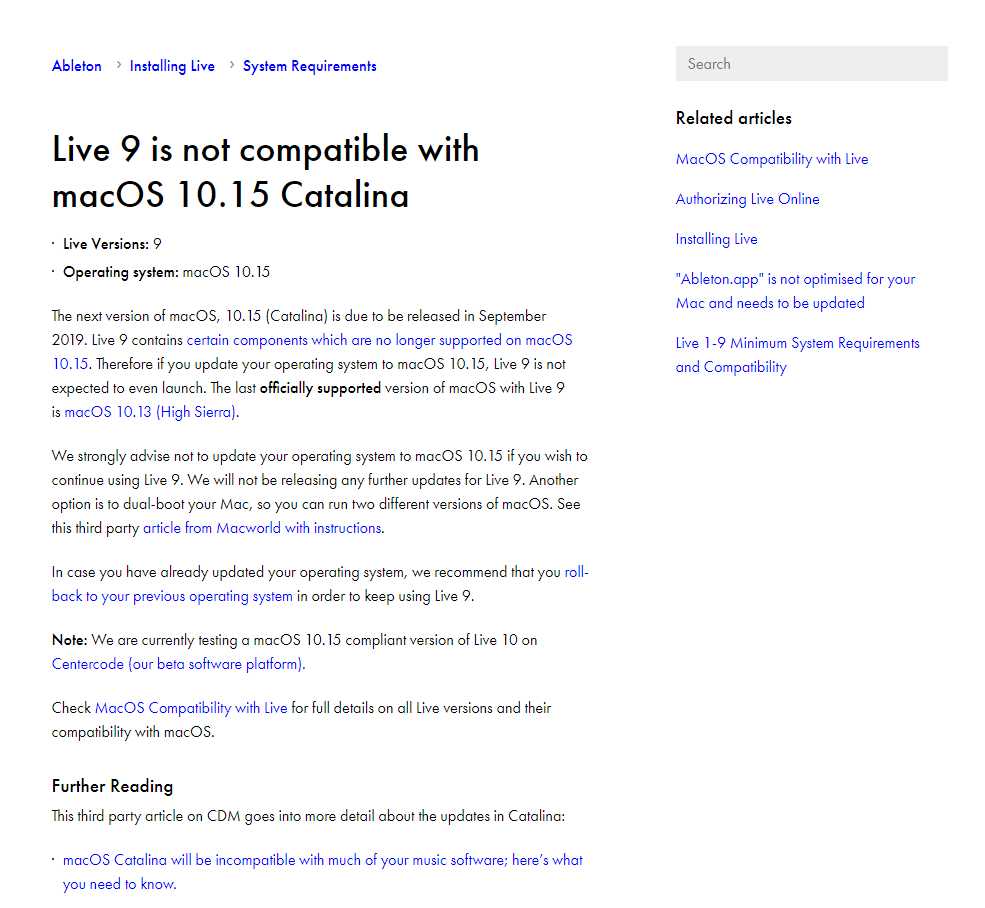 ableton live 9 официально не работает в macOS Catalina