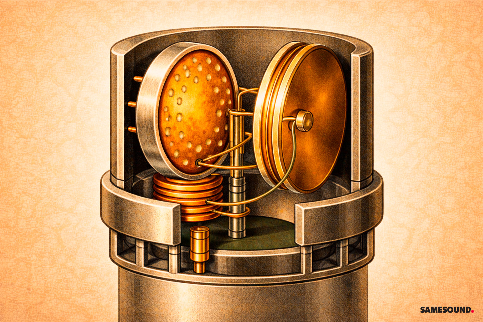 Схема конденсаторного капсюля: мембрана и задняя пластина, расстояние между ними меняется от звука