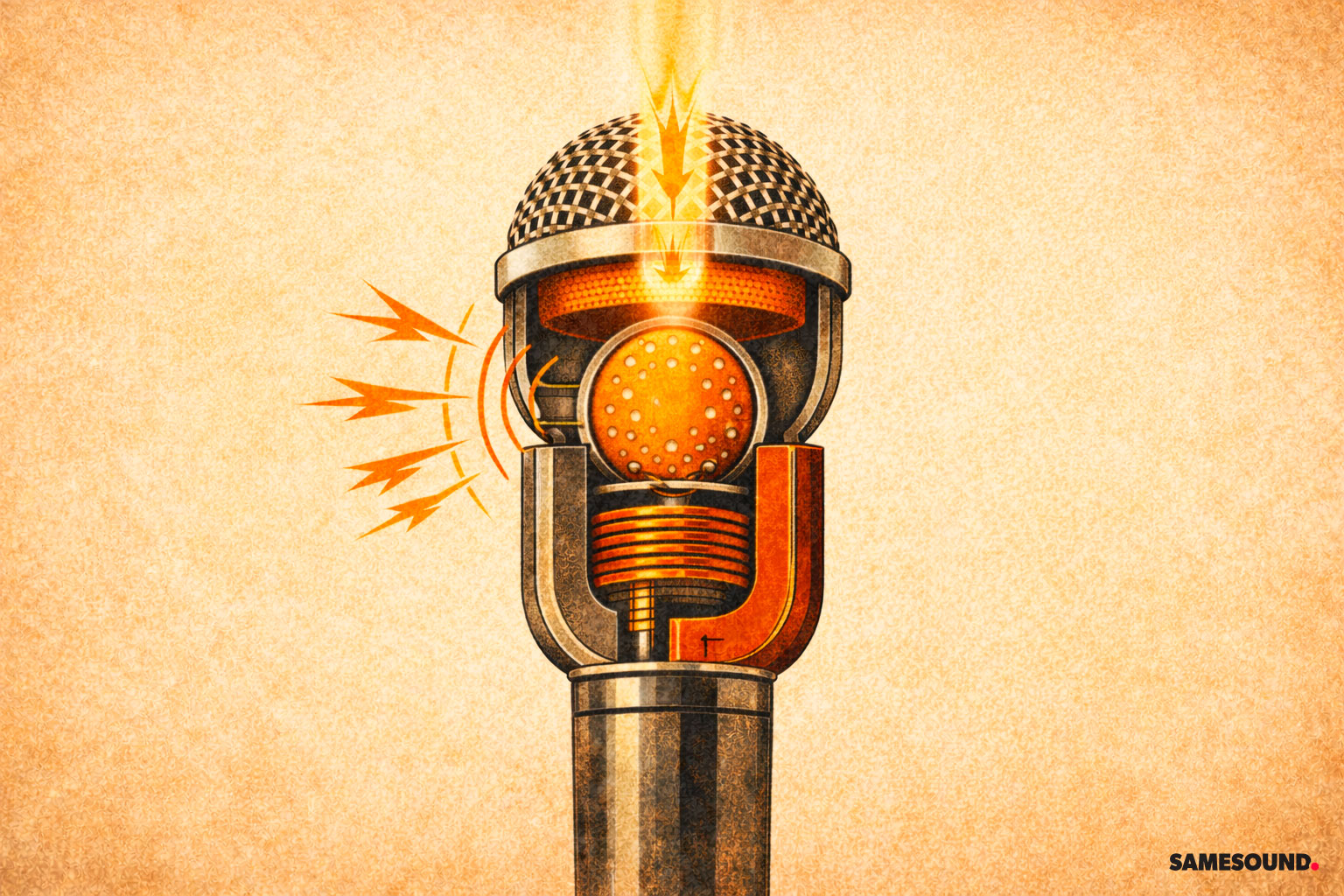 Схема работы динамического микрофона: звуковая волна двигает диафрагму, катушка перемещается в магнитном поле и генерирует электрический сигнал