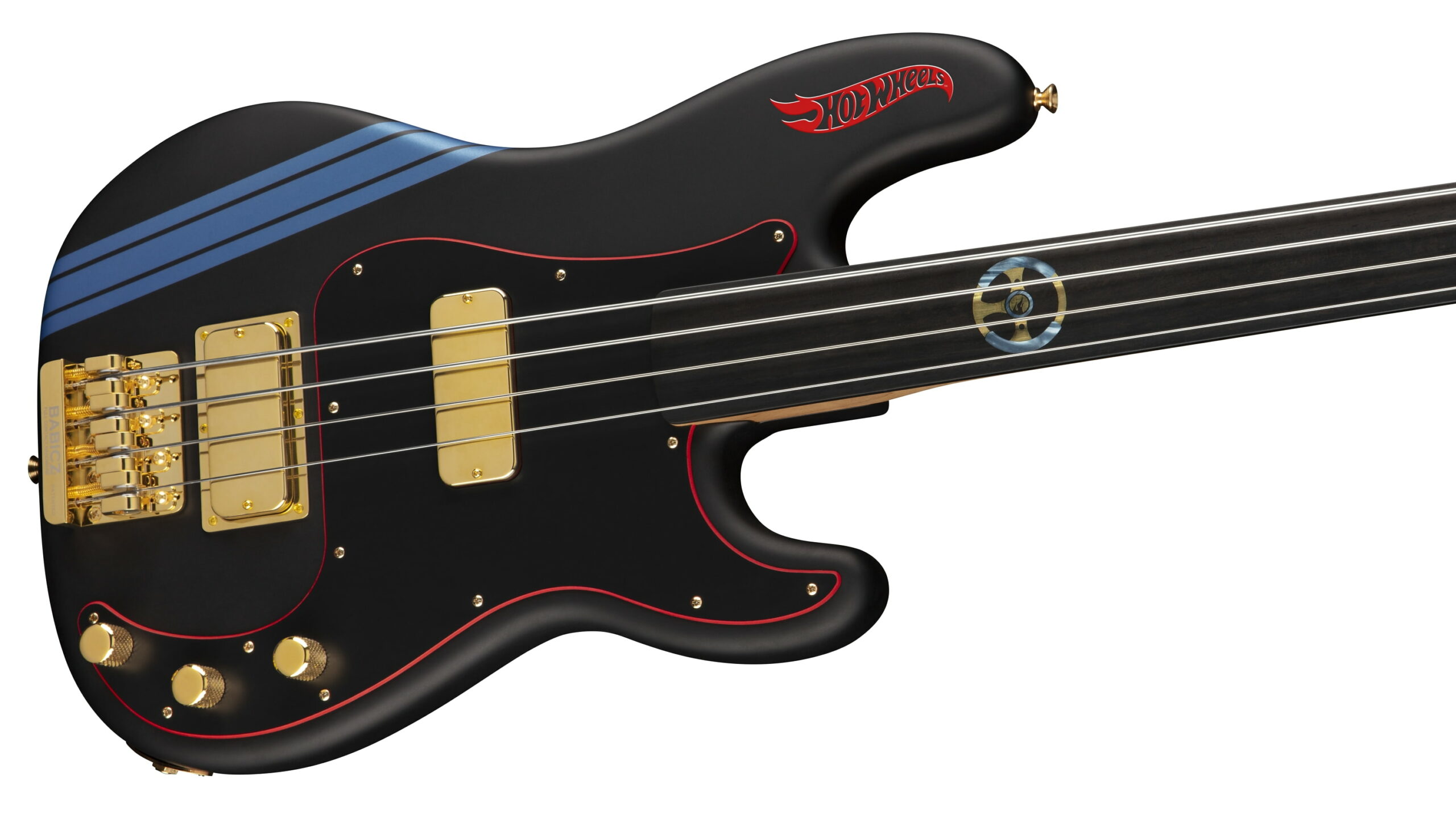 Hot Wheels Night Shifter Fretless Precision Bass, Black with Blue Competition Stripes (Masterbuilt by Vincent Van Trigt)
