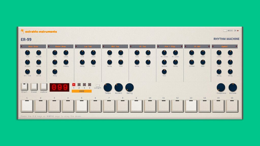 Extralife Instruments ER-99 онлайн-версия драм-машины Roland TR-909