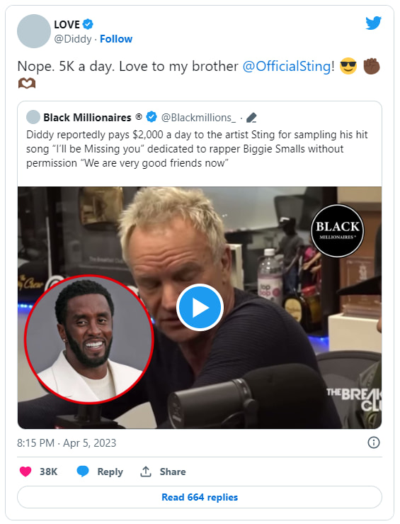 Diddy Sting 5000 dollars a day tweet