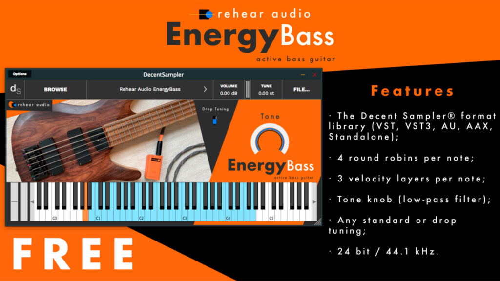 бесплатная библиотека бас-гитары Rehear Audio EnergyBass Free VST bass guitar DecentSampler