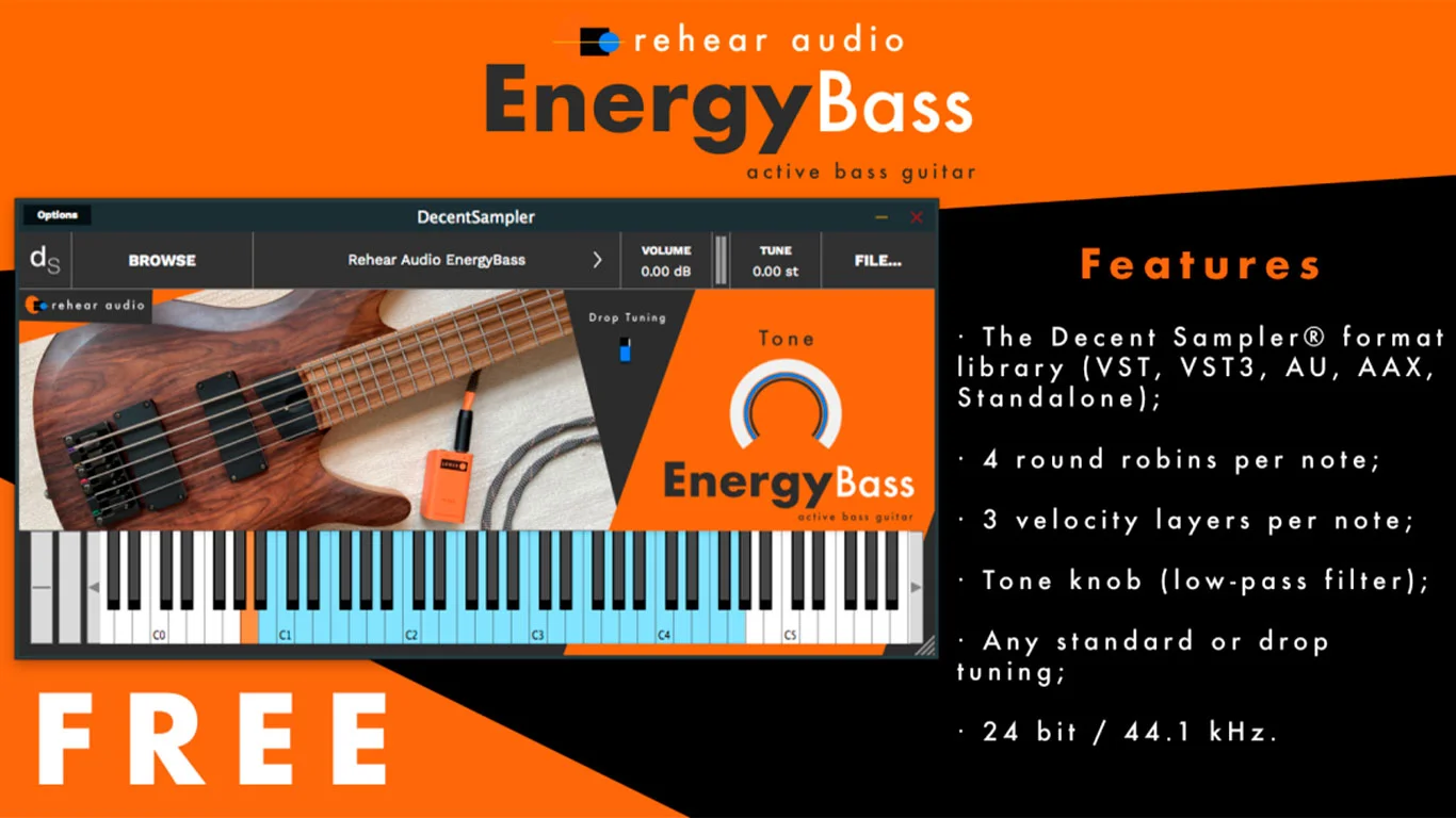 Rehear Audio EnergyBass Free VST bass guitar DecentSampler бесплатная библиотека бас-гитары Rehear Audio EnergyBass Free VST bass guitar DecentSampler