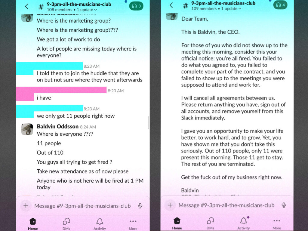 Slack The Musicians Club сообщения с увольнением