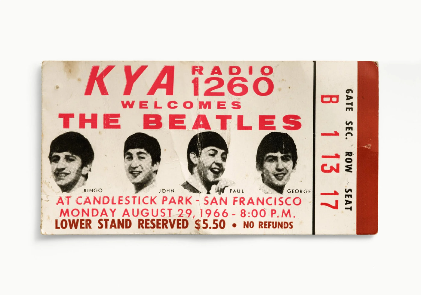 Билет на концерт The Beatles в Candlestick Park (Сан-Франциско, США), 1966 год. Фото — Блейз Хейворд, Tickets Please.